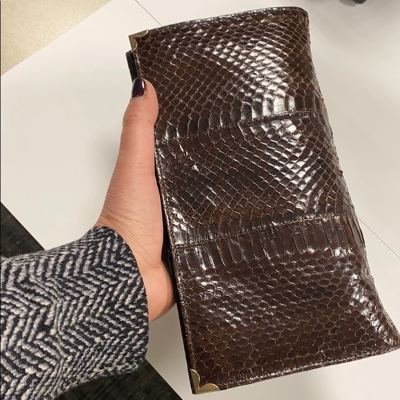 Dark Brown Snakeskin Envelope Clutch Bag Purse - Picture 3 of 13